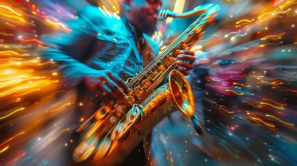 An artistic image capturing a saxophone being played with motion blur, emphasizing movement and energy