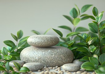 3D rendering of two oval stones on a beige background with green leaves.