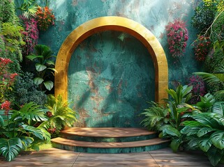 Wall Mural - A golden arch in the middle of a green wall with arched tropical plants around it, podium for product presentation