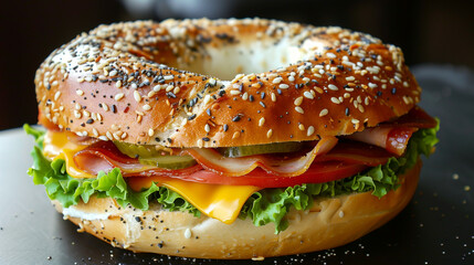 Wall Mural - gourmet sesame and poppy seed bagel sandwich with bacon cheese vegetables 