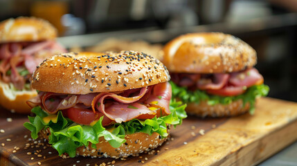 Wall Mural - gourmet sesame and poppy seed bagel sandwich with bacon cheese vegetables  ham
