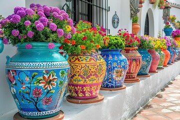 Wall Mural - A row of colorful vases with flowers on them