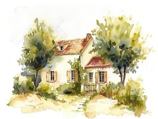 old house illustration. watercolor rural village architecture landmark