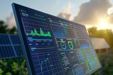 close-up of a solar energy monitoring system display showing real-time data on production, consumpti