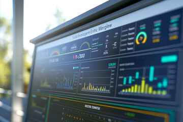Close-up of a solar energy monitoring system display showing real-time data on production, consumption, and efficiency of solar energy
