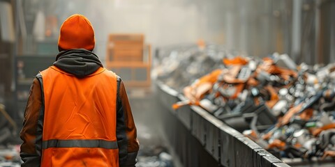 Wall Mural - Employee in orange safety vest working near conveyor belt at waste facility. Concept Industrial Work, Waste Management, Safety Protocols, Employee, Conveyor Belt