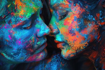 Wall Mural - Fluorescent powder painting of lovers portrait.