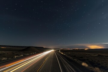 Highway Night in Hurricane, Utah. Traveling through Desert Landscape under Starry Night Sky
