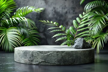 Wall Mural - A stone pedestal with a leafy plant on top of it