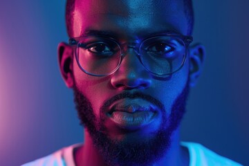 Wall Mural - Young African American man posing with serious face and smile on neon background.