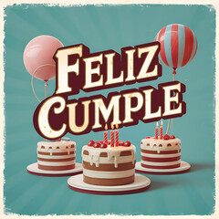 Wall Mural - Feliz cumple and Feliz cumpleaños sign means Happy Birthday in Spanish language, Birthday party celebration gift  with birthday cake candle colorful balloons best congratulation over light background