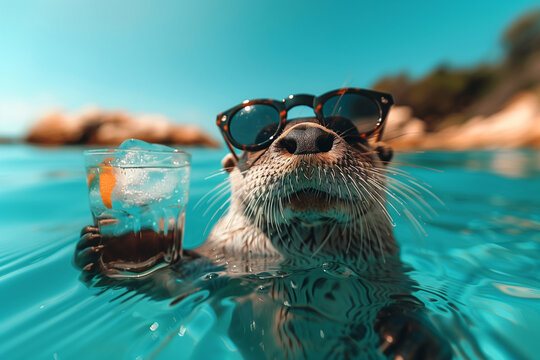An otter wearing sunglasses floats in a pool, holding a refreshing drink with an orange slice, embodying a playful and laid-back summer vibe in vibrant blue water under a bright sunny sky