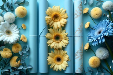 Flat lay of pastelcolored paper roll white satin ribbon blank BLUE card BLUE white flower gerbera daisy pastel green YELLOW background cheerful inviting craft scene gift wrapping material stationery