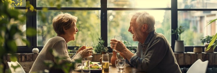 A mature couple shares a cozy meal indoors with a view of a lush garden, exemplifying enduring companionship