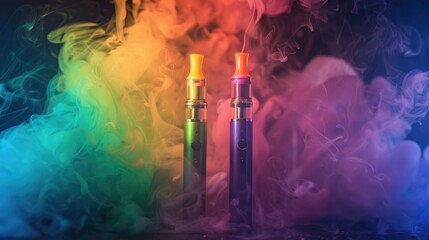 Three colorful vape pens with neon lighting and smoke, modern electronic devices