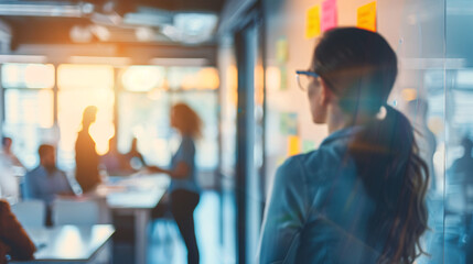 Businesswoman planning with sticky notes. A businesswoman looking at sticky notes on a glass wall while her team works in the background.