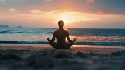 Man doing yoga on beach, sunrise, calm ocean, and sandy shore. Sunrise yoga on beach, man with calm ocean and sand.