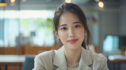 Wall Mural - Asian woman in a beige business casual outfit leading a meeting in a sleek office