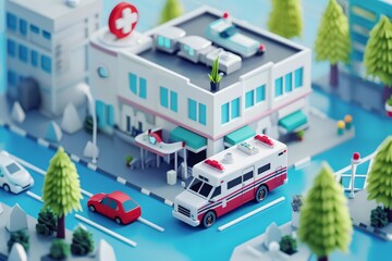3d illustration of ambulance parking at hospital bokeh style background