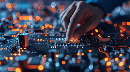Installing microchip on motherboard. Close-up of a hand installing a microchip on a glowing motherboard, highlighting the intricacies of computer hardware.