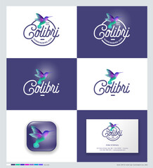 Wall Mural - A flying bird, Colibri logo. Humminbird with letters into circle. Identity. Business card. Using colors.