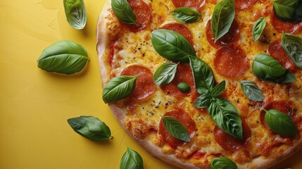 Wall Mural - Close Up of Pizza on Yellow Surface