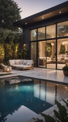 Wall Mural - Cozy garden patio complete with furniture, sliding glass doors, and a shimmering pool.