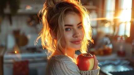 Wall Mural - Young woman cozy kitchen warm tones holding an apple open refrigerator