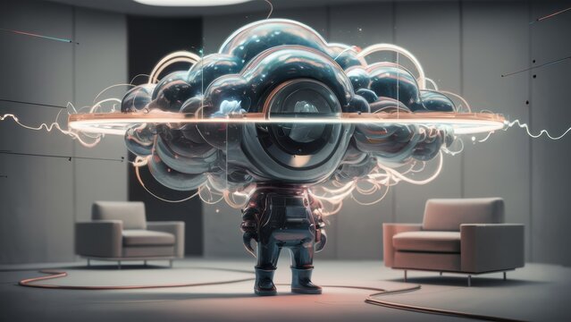 A robot with a cloud on its head and two chairs, AI