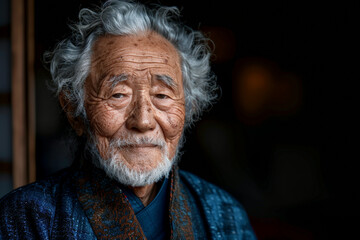 Wall Mural - Asian 80-90 years old man with white hair and blue kimono against blurred background with copy space