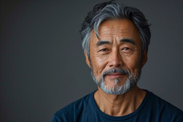 Wall Mural - Asian 50-60 years old man with grey hair and beard against dark gray background with copy space