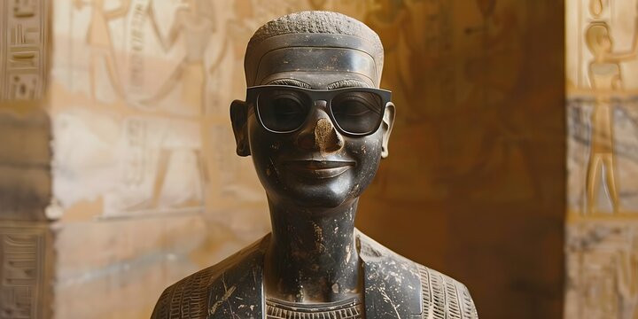 Balancing Classic and Modern: Ancient Statue of a Smiling Man with Sunglasses. Concept Classic vs Modern Art, Ancient statues, Sunglasses motif, Art interpretation, Playful juxtaposition