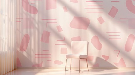 A minimalistic interior with a wall covered in pastel pink abstract shapes pattern wallpaper and a single sleek model chair in front, set against a soft, natural light source.