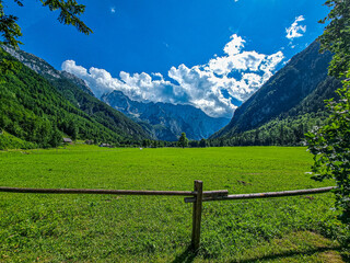 View of the Logar Valley in Slovenia, the most beautiful glacial valley in the Alps. Natural sunlight.