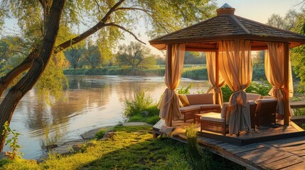 A peaceful riverside gazebo with soft seating and flowing curtains, providing a picturesque spot to enjoy the river views, maintained impeccably to ensure a clean and serene environment.