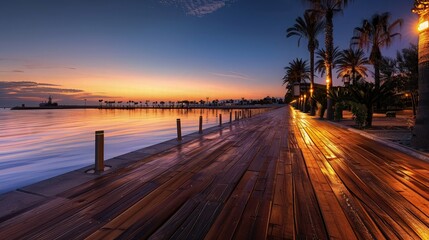 Poster - A picturesque view of a tranquil wooden boardwalk at sunset, the boards glowing under the warm light of the setting sun in Ciudad Real, creating a perfect evening stroll setting.