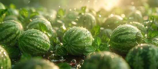 Wall Mural - A pile of fresh green big watermelons, harvest concept