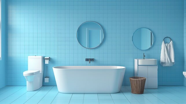 blue bathroom interior, rectangular bathtub, toilet