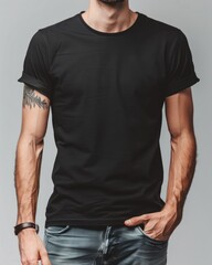 Canvas Print - Guy In Tshirt. Blank Black T-shirt Template on Fit Young Man, Casual Attire