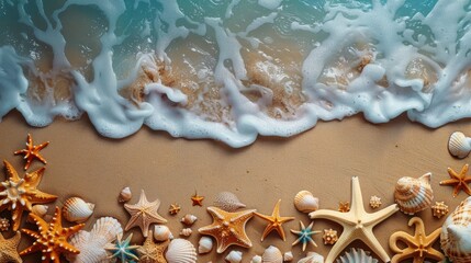 Wall Mural - Sea Shells and Starfish on a Blue Background