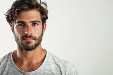 Wall Mural - White Man Serious. Portrait of Young Hispanic Man with Beard Looking Serious over White Background