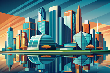 Aufkleber - a city skyline with skyscrapers and a lake