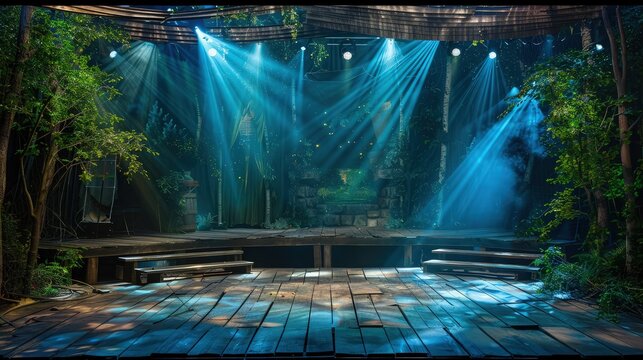 A rustic stage set outdoors with natural wood and surrounded by trees, lit by spotlights in calming shades of blue and green, blending seamlessly with the natural environment.