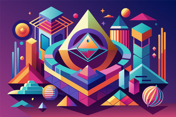 Poster - a colorful geometric design with a pyramid and other objects