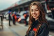 © Nicole - An attractive female race driver in the pit lane at a car race.