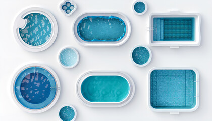 Wall Mural - Set with swimming pools of different shapes on white background, top view. Banner design