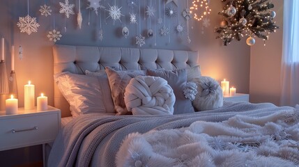 Wall Mural - A serene bedroom decorated for Christmas with a gentle color palette of whites and silvers, soft glowing candles on the bedside tables, and delicate snowflake decorations hanging from the ceiling.