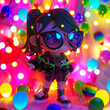 © Melon - Cute girl with black hair and glasses standing in front of a colorful background of rainbow lights.