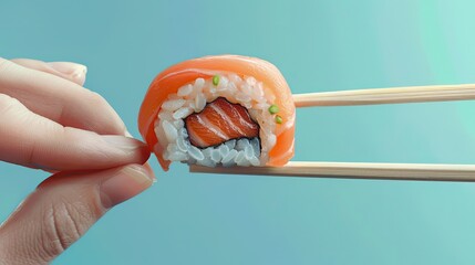 Wall Mural - close-up of sushi with chopsticks. Selective focus
