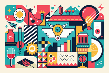 Leinwandbilder - Abstract cityscape and shapes, A poster featuring a skyline silhouette with an embedded heart icon.